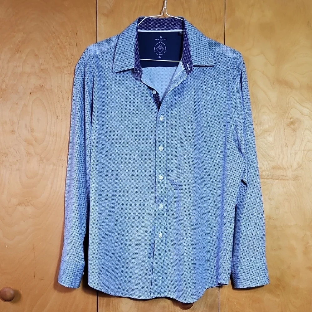 Men's Construct Blue Patterned Button Down Shirt No Iron Moisture Wicking